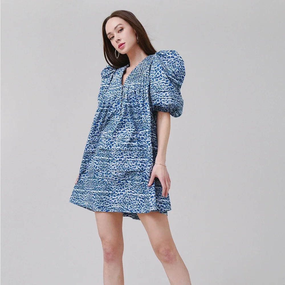 HUNTER BELL Blue Jenkins Dress Puff Sleeve - Picture 2 of 8
